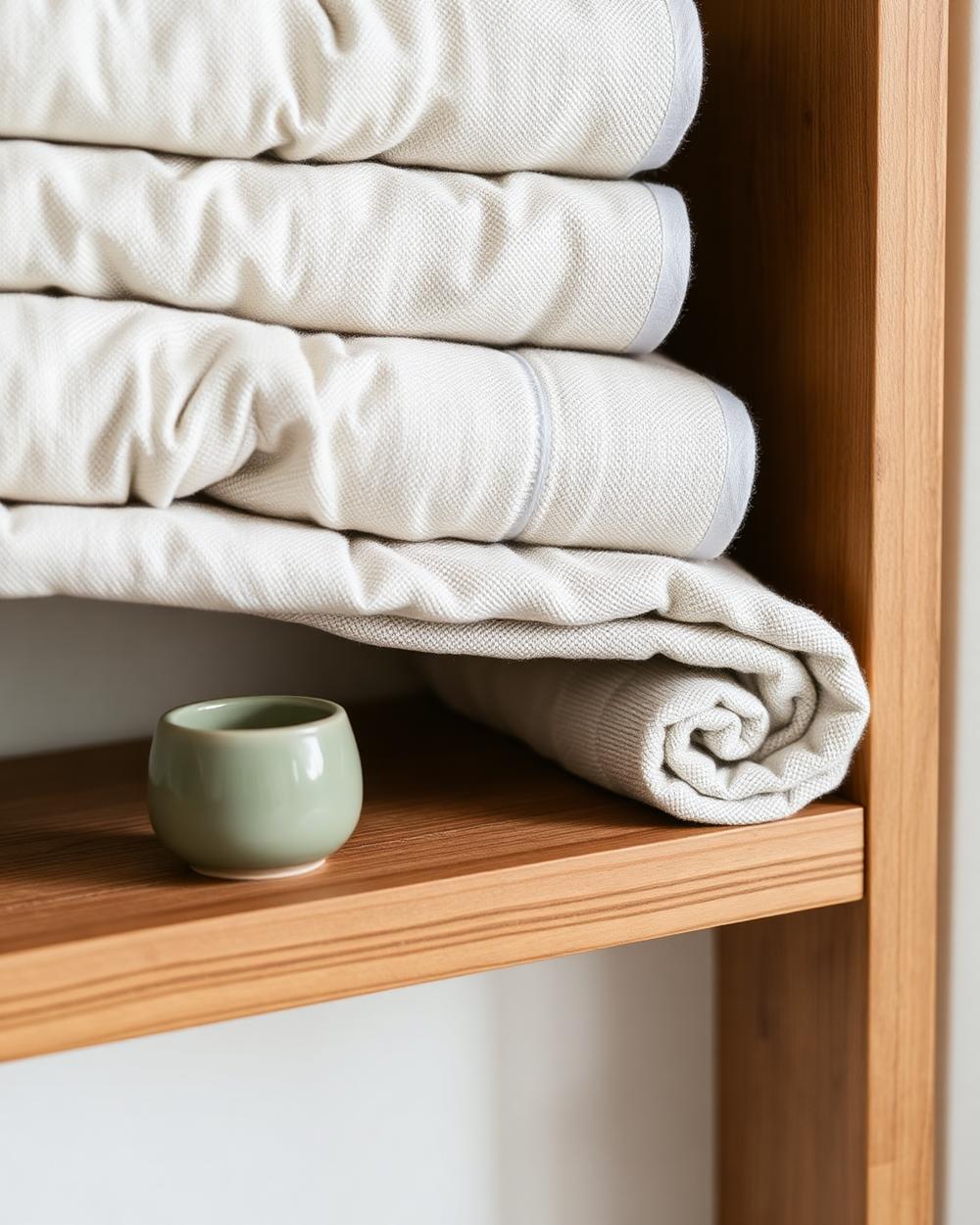 Folded linen on timber shelving with a small sage ceramic vessel