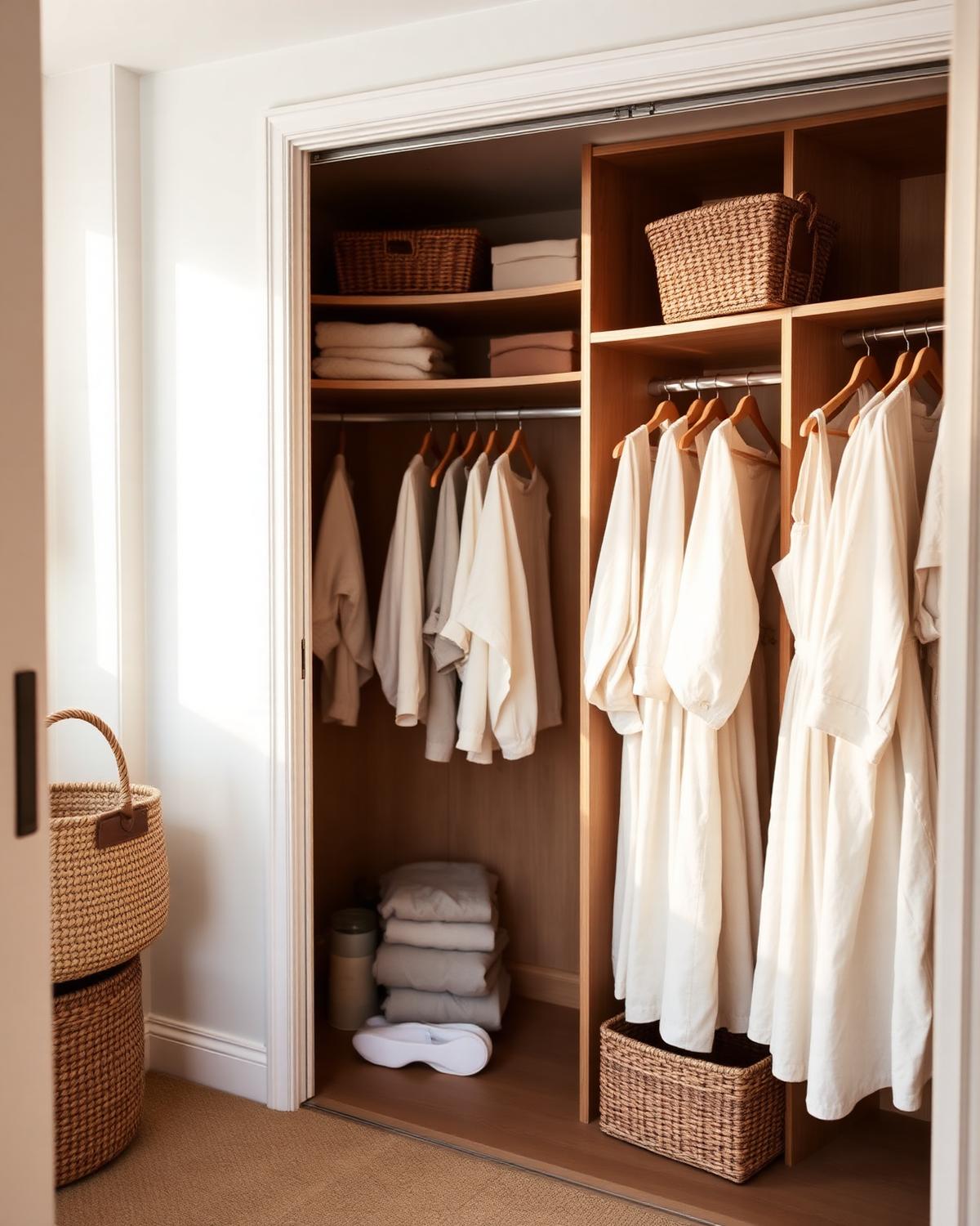 An elegant organised wardrobe with neutral linen garments and woven baskets